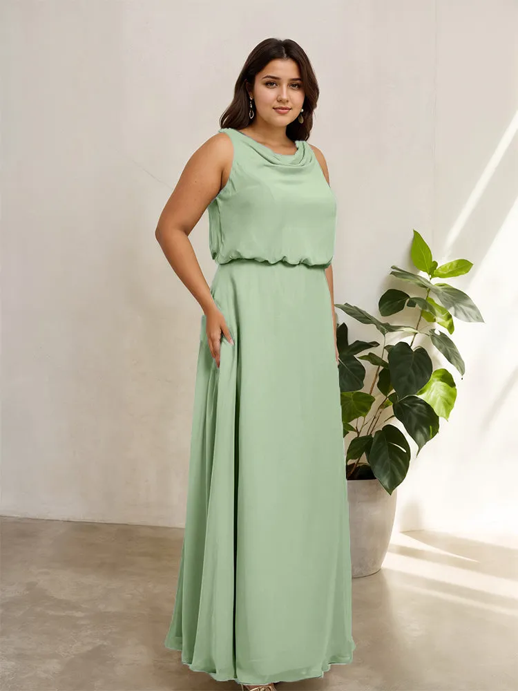 Sleeveless Cowl Neck Chiffon Plus Size Floor Length Bridesmaid Dresses
