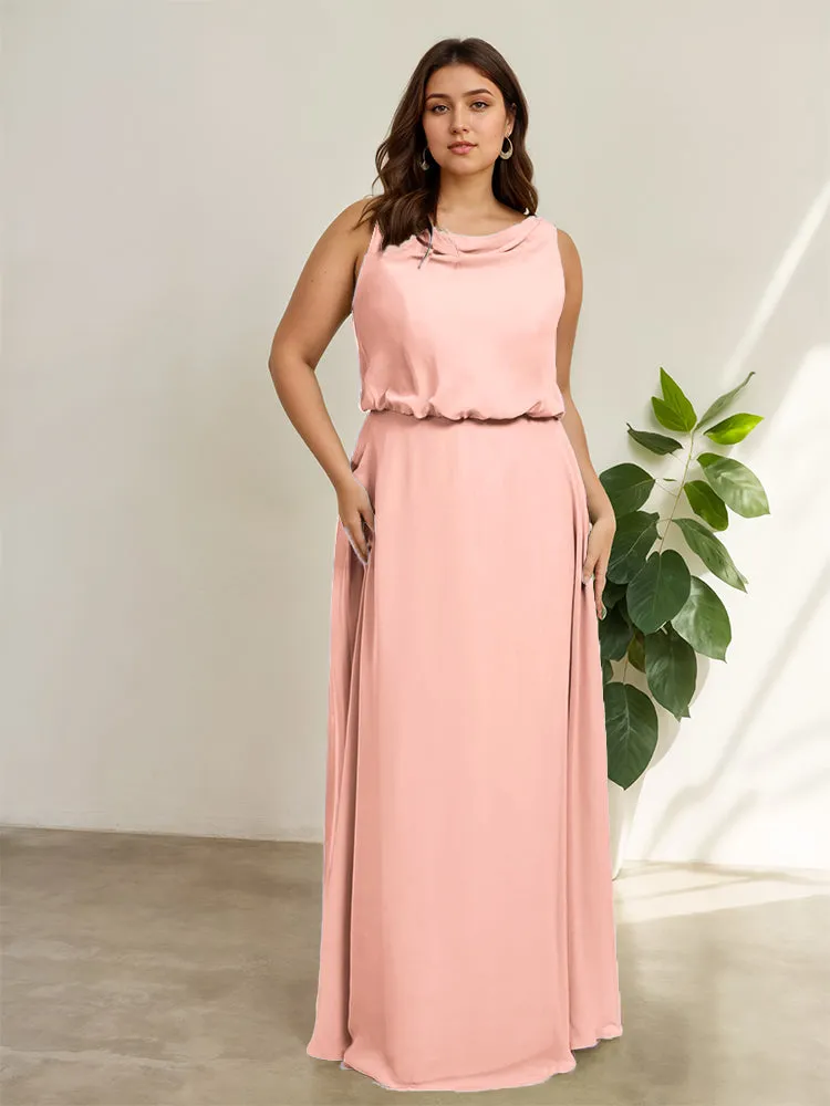 Sleeveless Cowl Neck Chiffon Plus Size Floor Length Bridesmaid Dresses