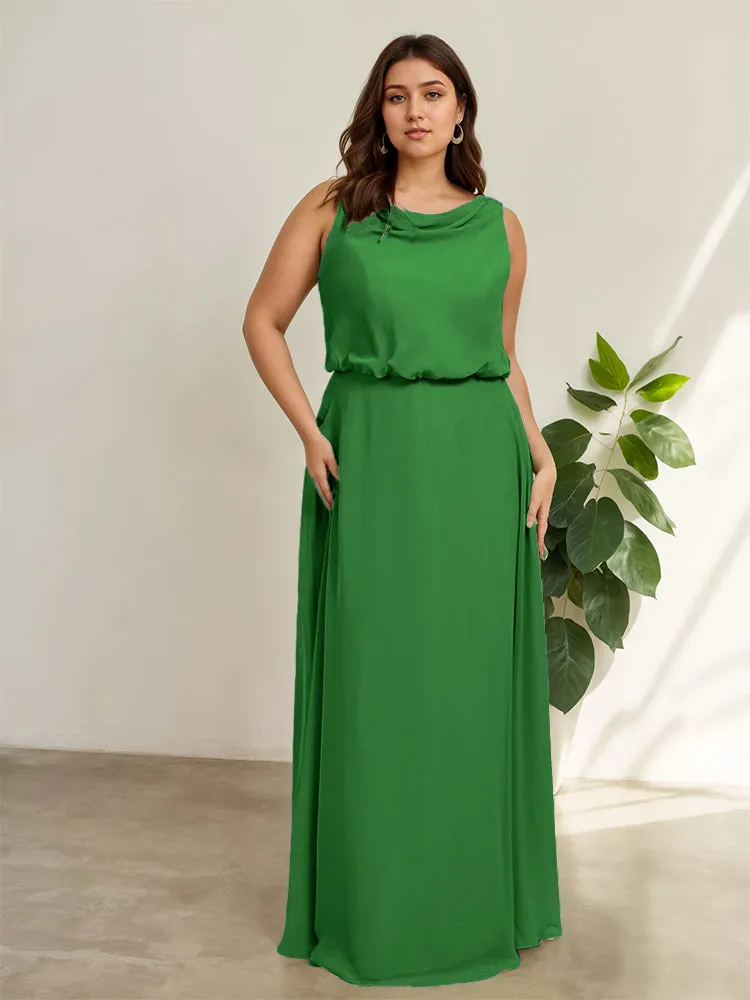Sleeveless Cowl Neck Chiffon Plus Size Floor Length Bridesmaid Dresses