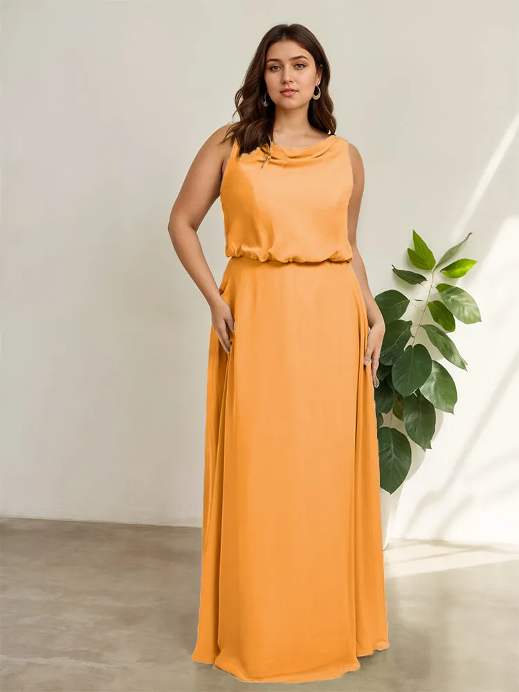 Sleeveless Cowl Neck Chiffon Plus Size Floor Length Bridesmaid Dresses