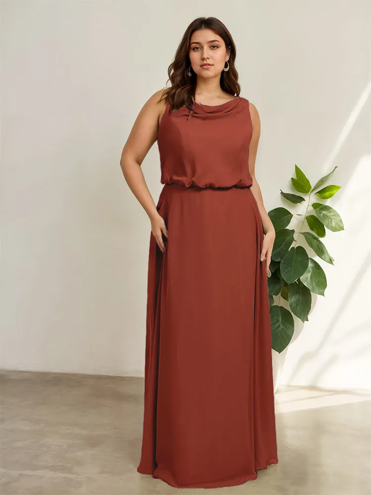 Sleeveless Cowl Neck Chiffon Plus Size Floor Length Bridesmaid Dresses