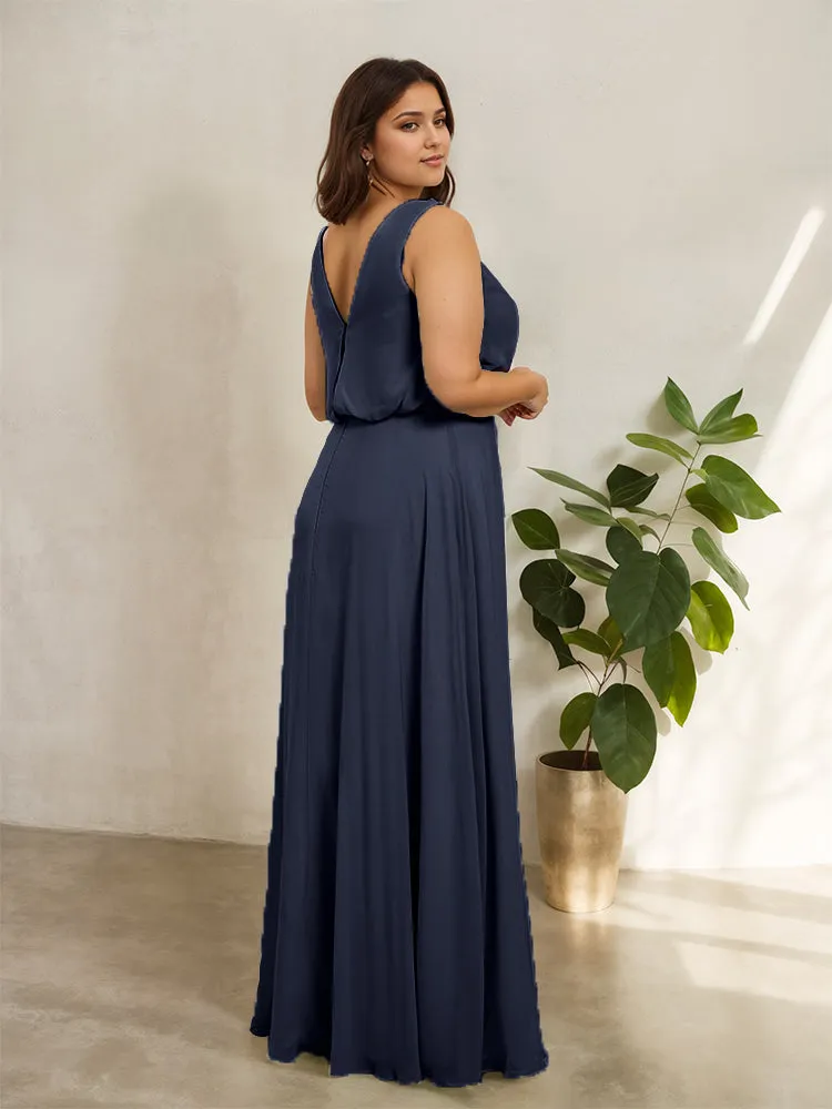 Sleeveless Cowl Neck Chiffon Plus Size Floor Length Bridesmaid Dresses