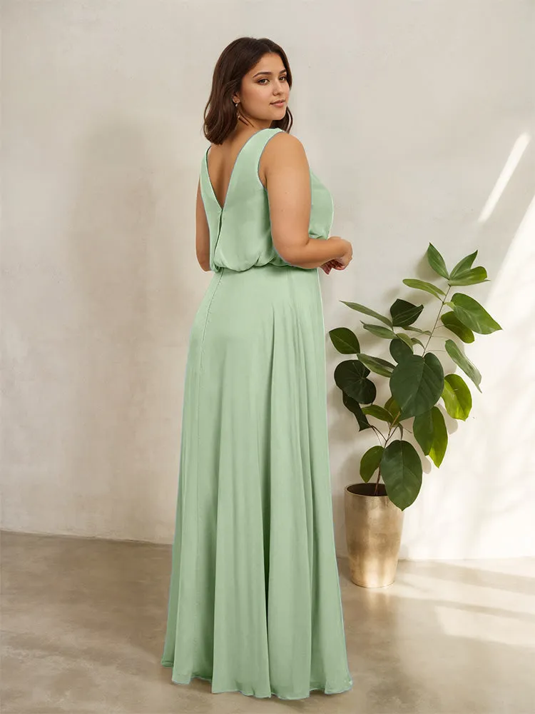 Sleeveless Cowl Neck Chiffon Plus Size Floor Length Bridesmaid Dresses