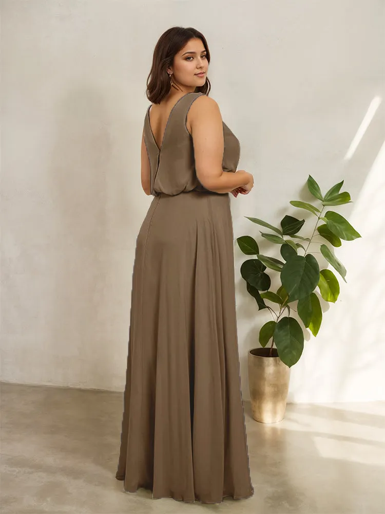 Sleeveless Cowl Neck Chiffon Plus Size Floor Length Bridesmaid Dresses