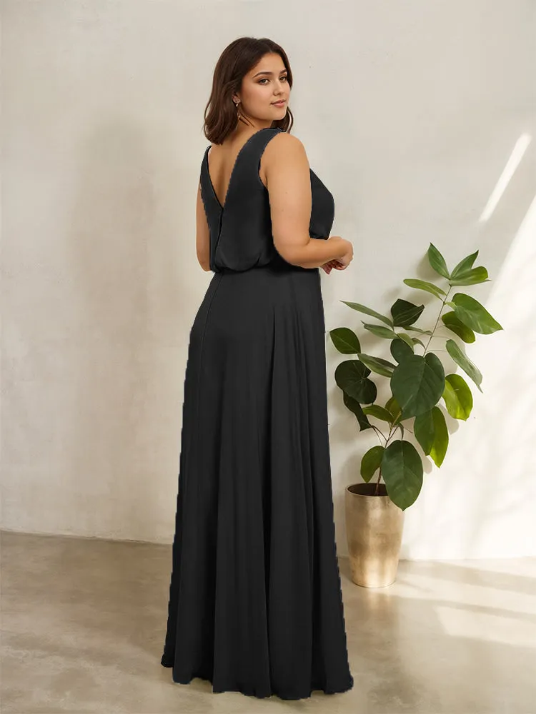 Sleeveless Cowl Neck Chiffon Plus Size Floor Length Bridesmaid Dresses