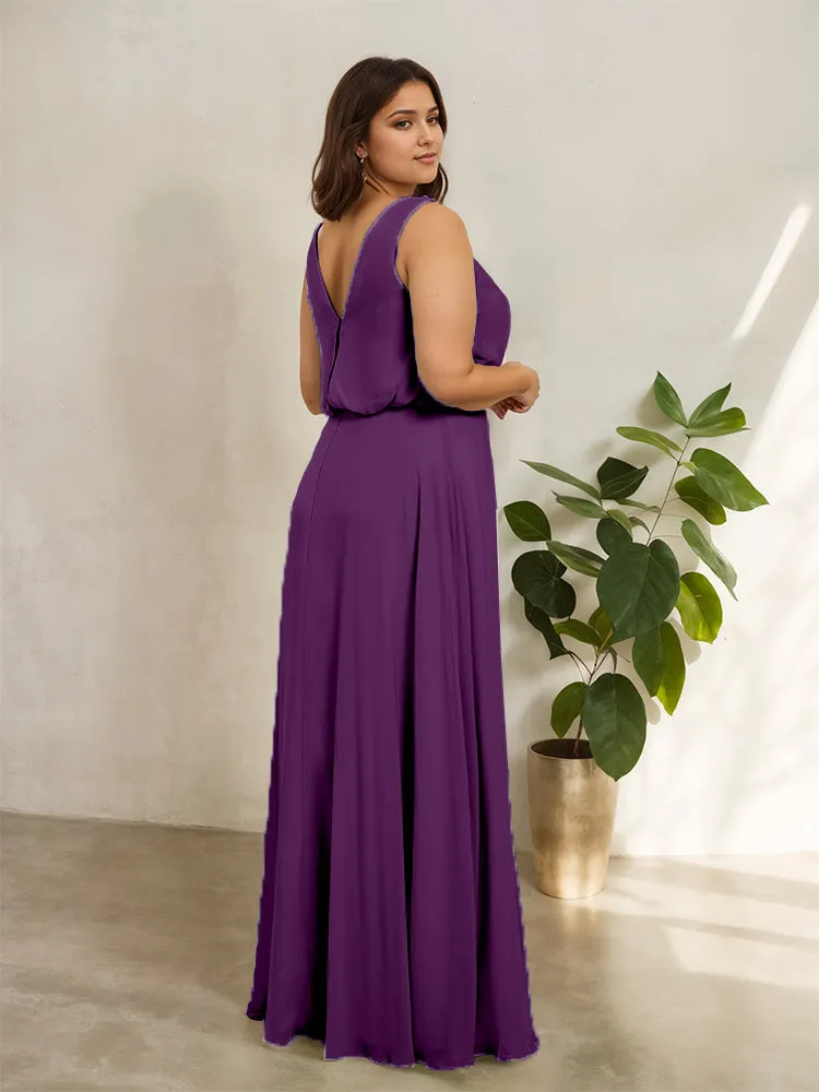 Sleeveless Cowl Neck Chiffon Plus Size Floor Length Bridesmaid Dresses