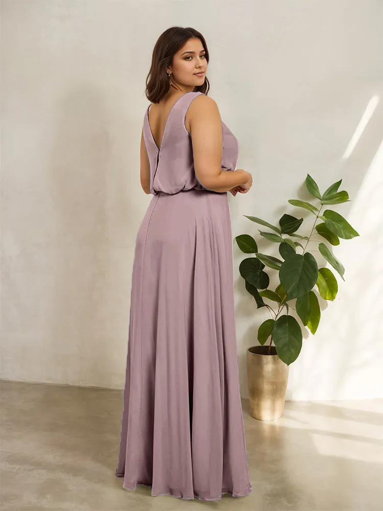 Sleeveless Cowl Neck Chiffon Plus Size Floor Length Bridesmaid Dresses