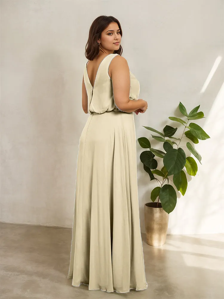 Sleeveless Cowl Neck Chiffon Plus Size Floor Length Bridesmaid Dresses