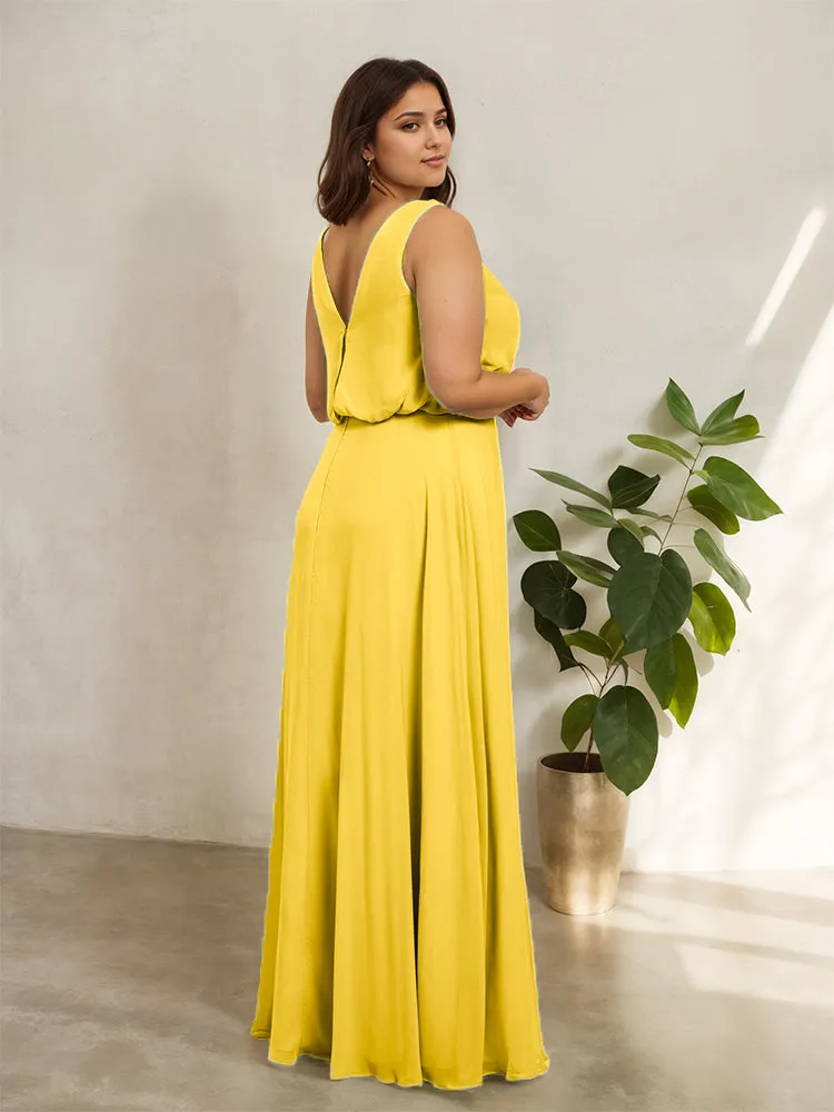 Sleeveless Cowl Neck Chiffon Plus Size Floor Length Bridesmaid Dresses