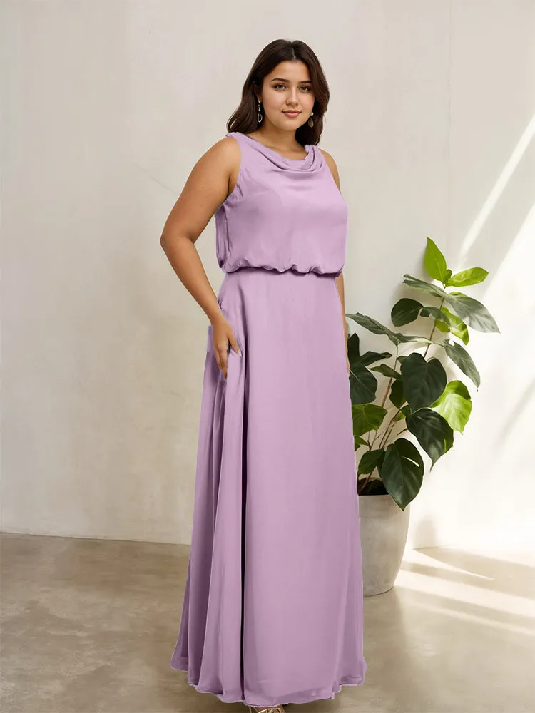 Sleeveless Cowl Neck Chiffon Plus Size Floor Length Bridesmaid Dresses