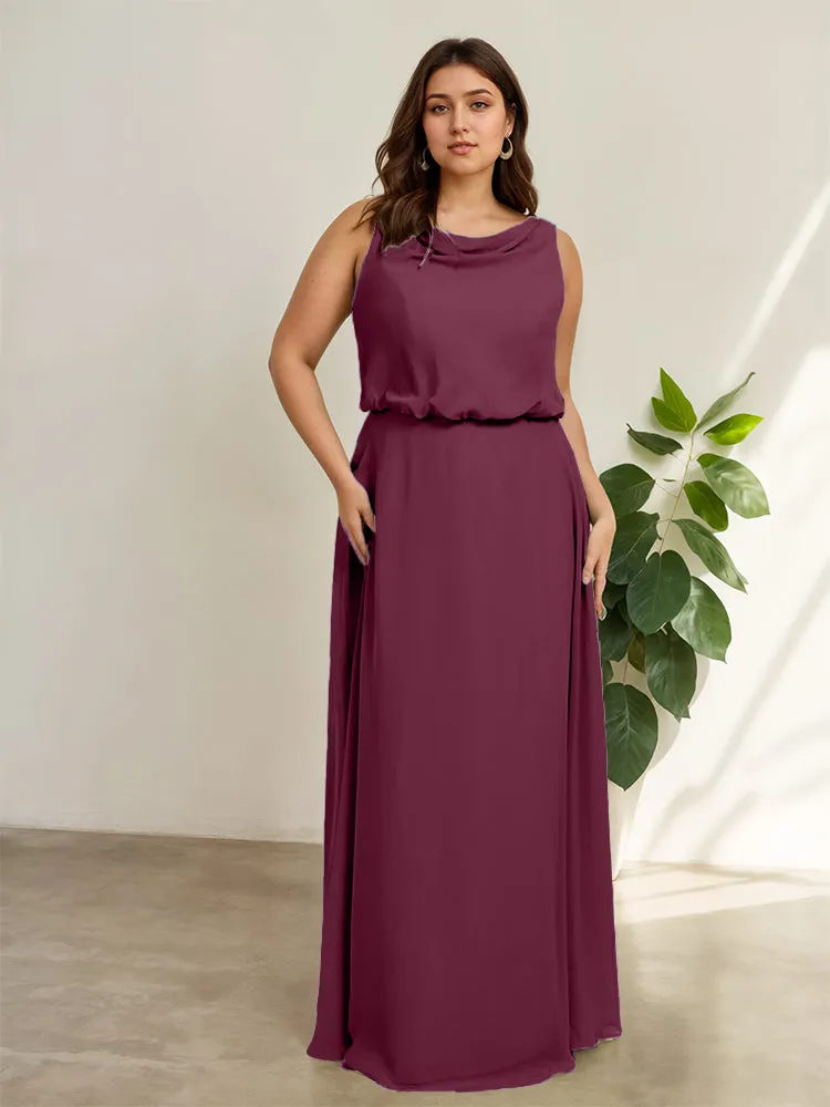 Sleeveless Cowl Neck Chiffon Plus Size Floor Length Bridesmaid Dresses