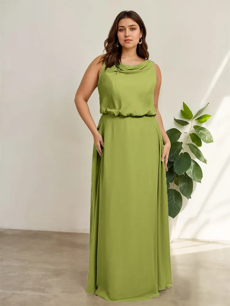 Sleeveless Cowl Neck Chiffon Plus Size Floor Length Bridesmaid Dresses