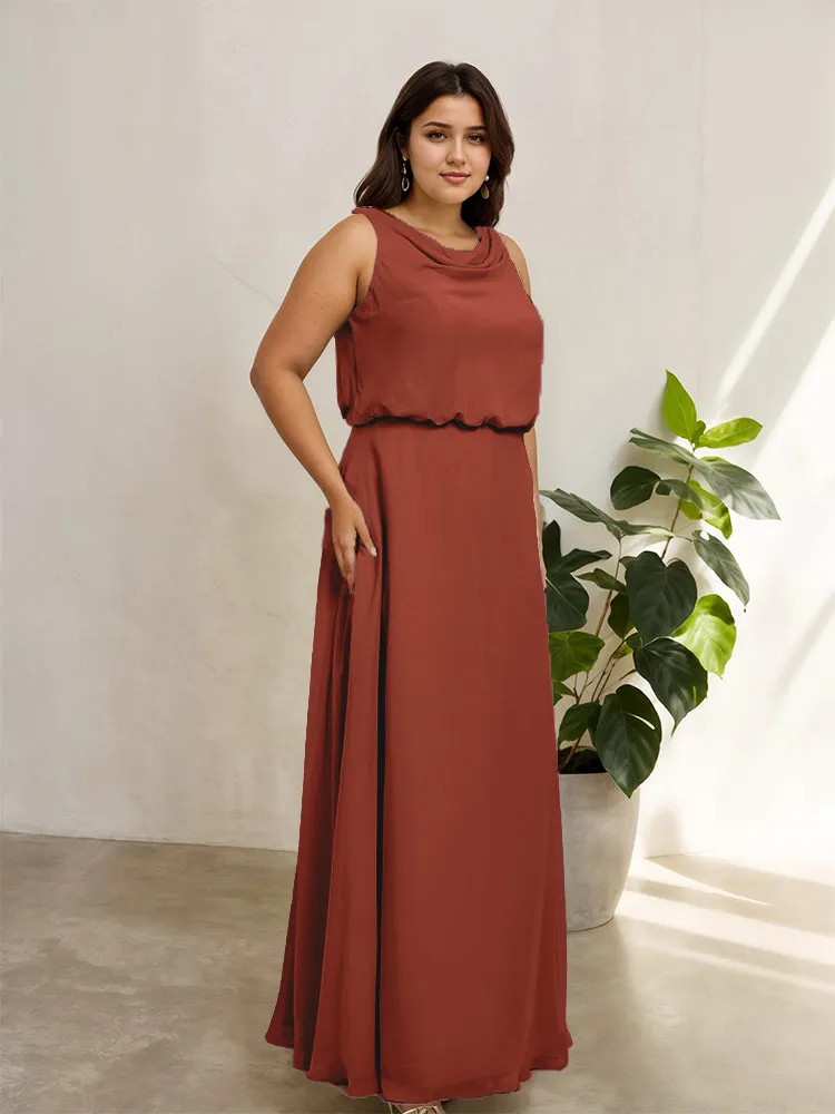 Sleeveless Cowl Neck Chiffon Plus Size Floor Length Bridesmaid Dresses