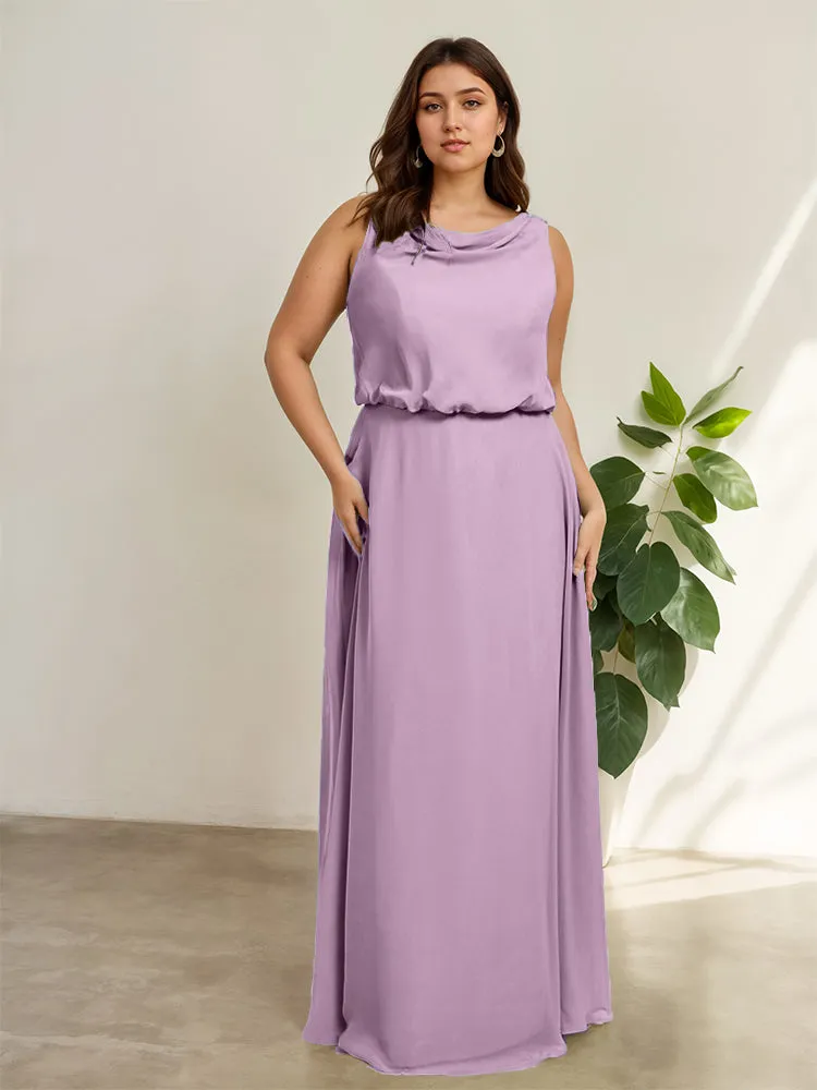 Sleeveless Cowl Neck Chiffon Plus Size Floor Length Bridesmaid Dresses
