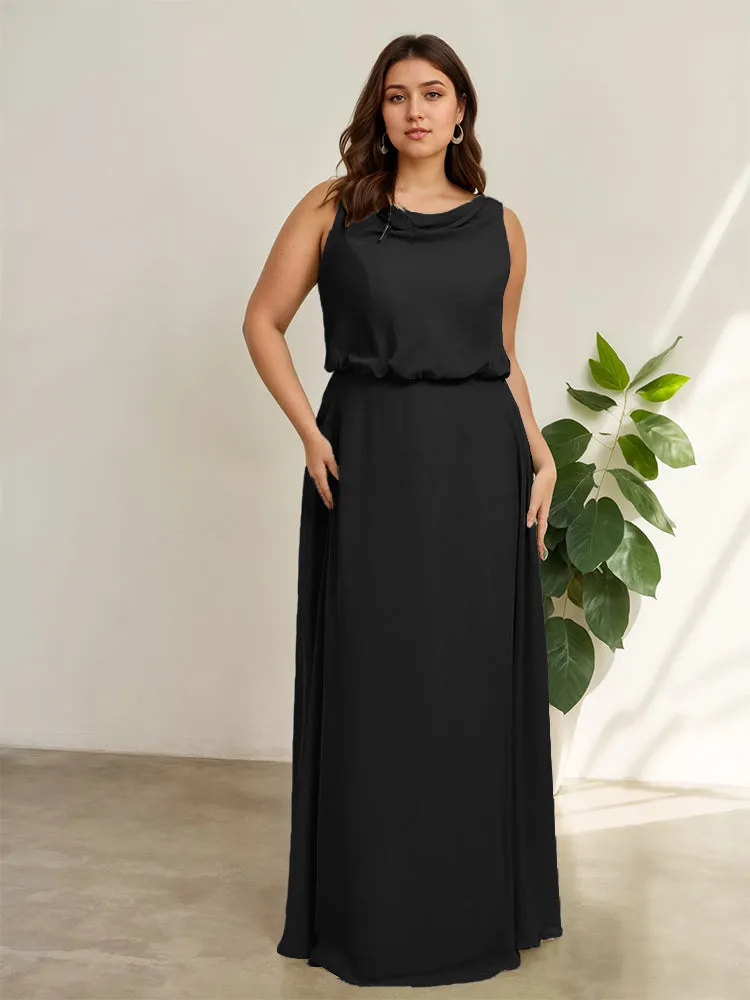 Sleeveless Cowl Neck Chiffon Plus Size Floor Length Bridesmaid Dresses