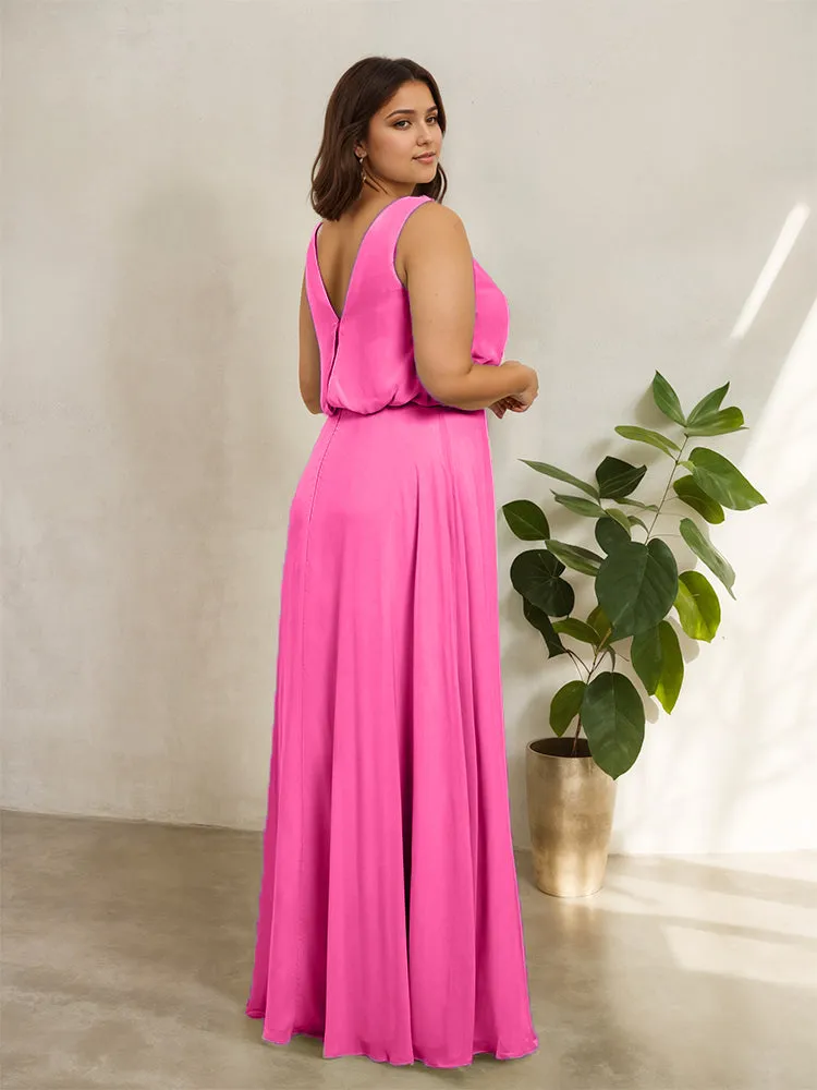 Sleeveless Cowl Neck Chiffon Plus Size Floor Length Bridesmaid Dresses