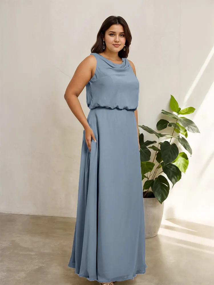 Sleeveless Cowl Neck Chiffon Plus Size Floor Length Bridesmaid Dresses
