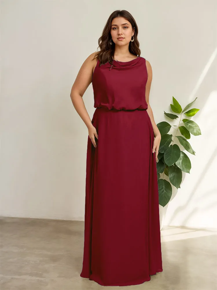 Sleeveless Cowl Neck Chiffon Plus Size Floor Length Bridesmaid Dresses