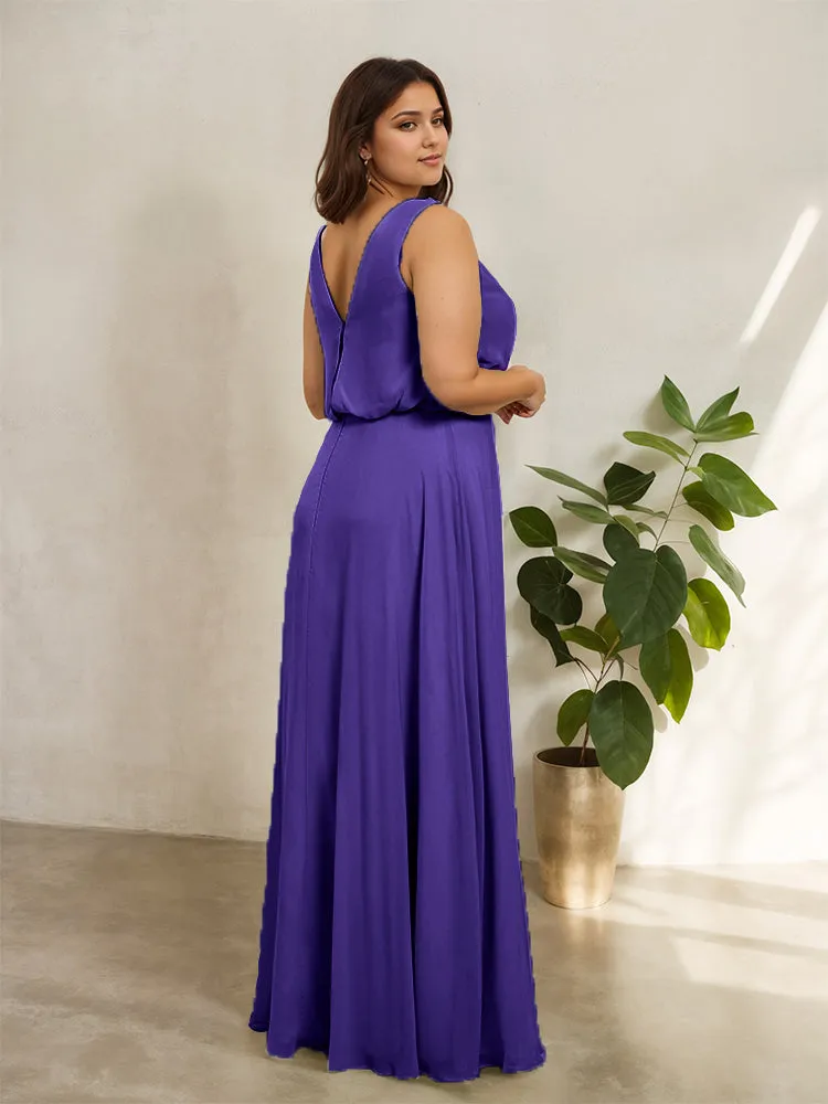 Sleeveless Cowl Neck Chiffon Plus Size Floor Length Bridesmaid Dresses