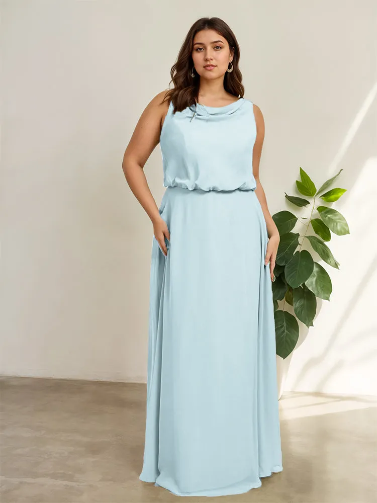 Sleeveless Cowl Neck Chiffon Plus Size Floor Length Bridesmaid Dresses