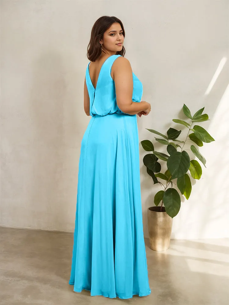 Sleeveless Cowl Neck Chiffon Plus Size Floor Length Bridesmaid Dresses