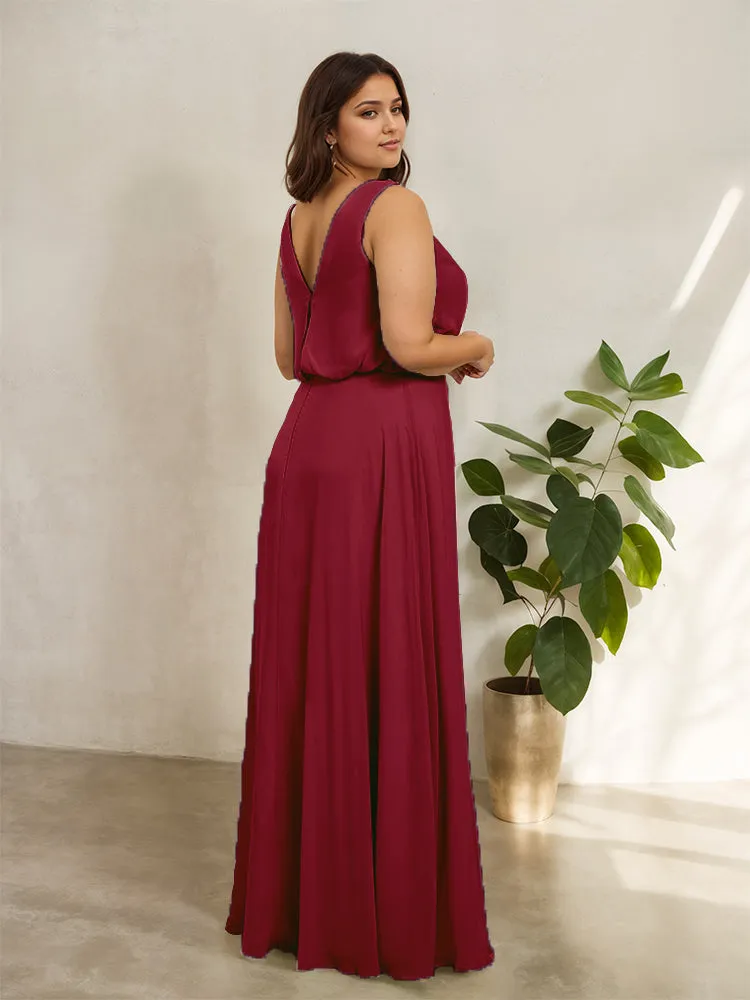 Sleeveless Cowl Neck Chiffon Plus Size Floor Length Bridesmaid Dresses