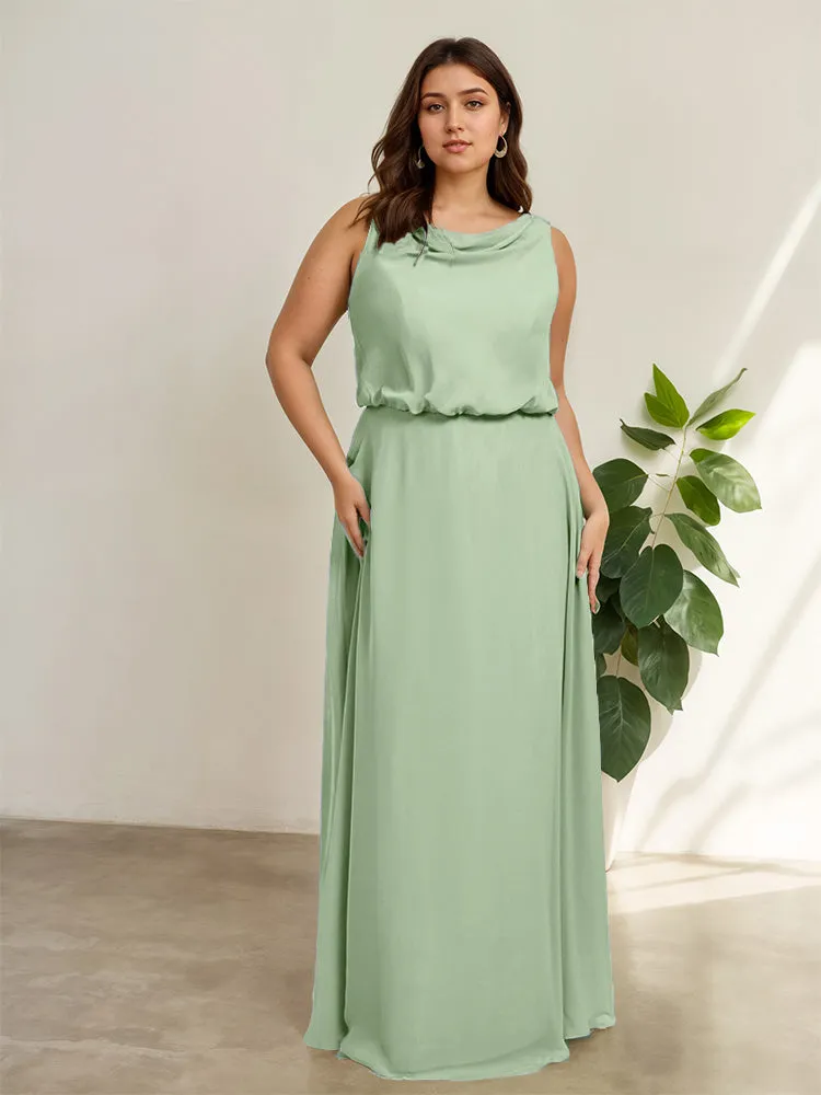 Sleeveless Cowl Neck Chiffon Plus Size Floor Length Bridesmaid Dresses