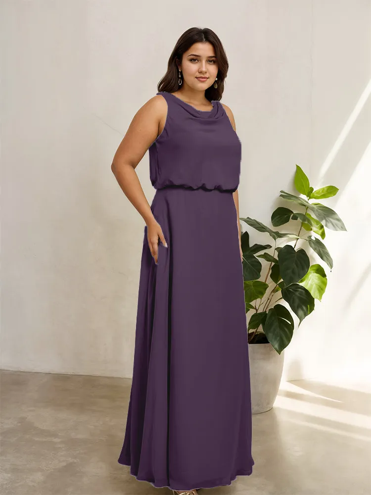 Sleeveless Cowl Neck Chiffon Plus Size Floor Length Bridesmaid Dresses