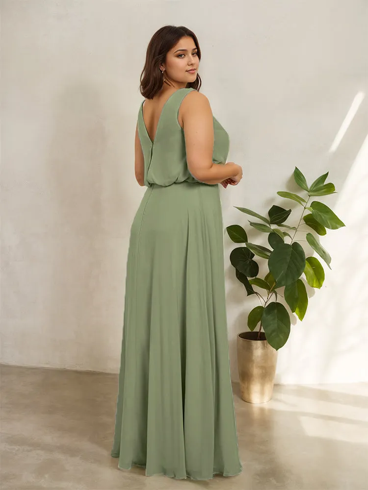 Sleeveless Cowl Neck Chiffon Plus Size Floor Length Bridesmaid Dresses