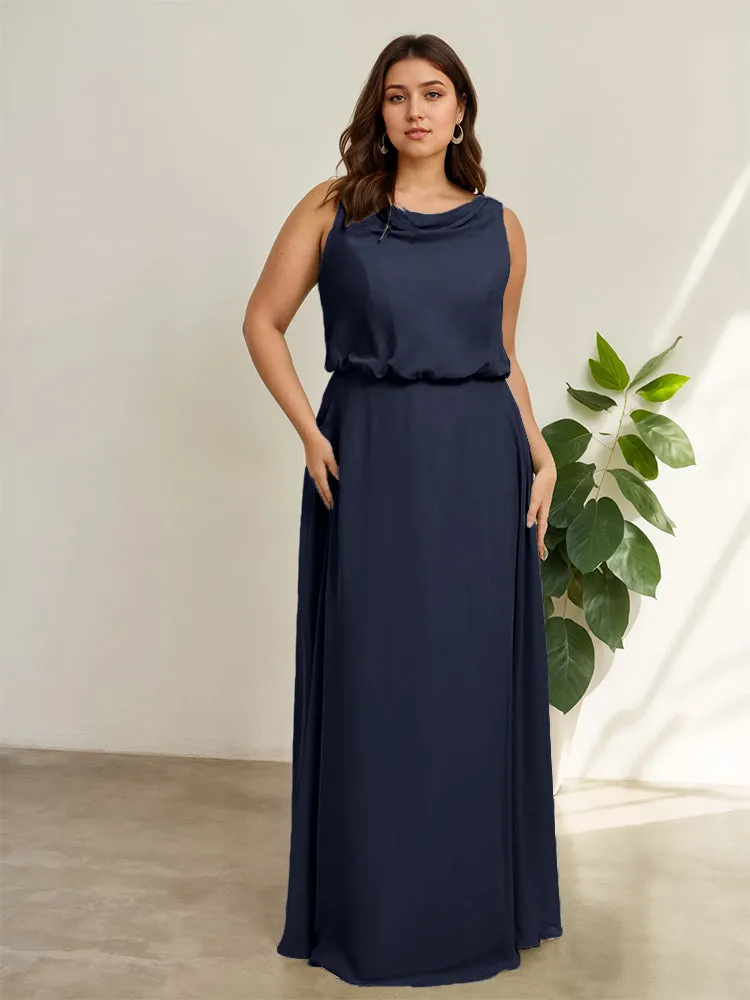 Sleeveless Cowl Neck Chiffon Plus Size Floor Length Bridesmaid Dresses