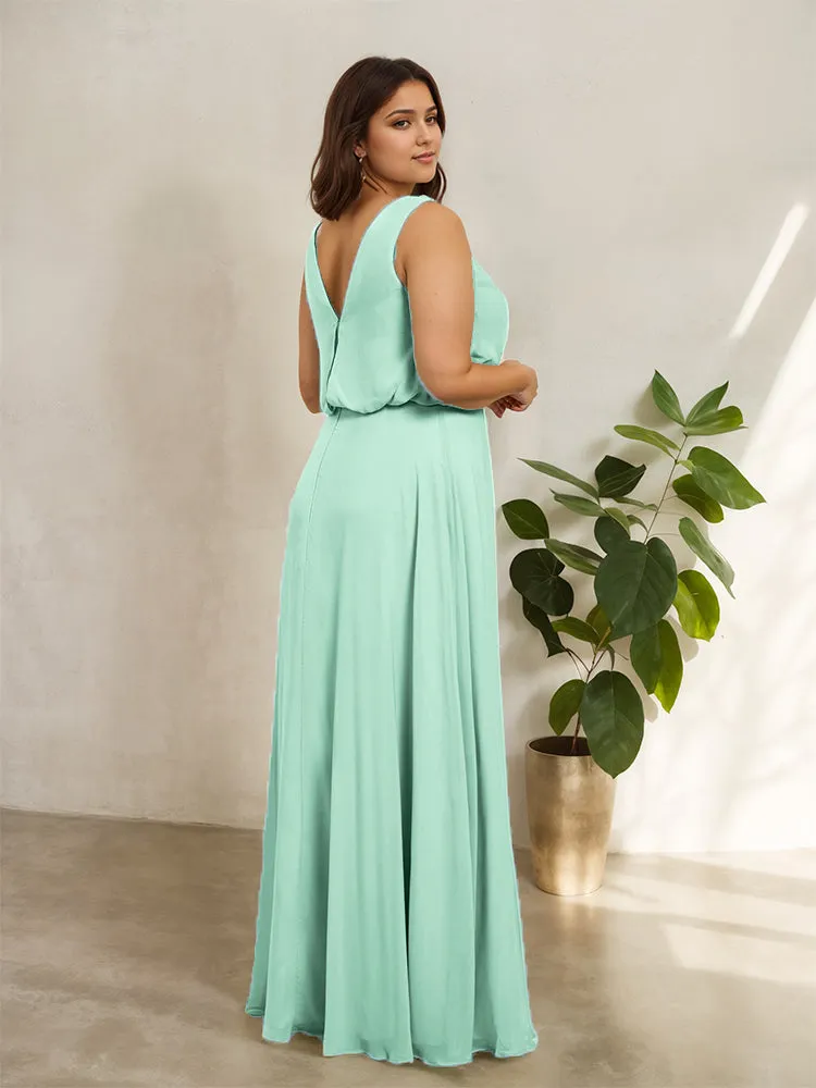 Sleeveless Cowl Neck Chiffon Plus Size Floor Length Bridesmaid Dresses