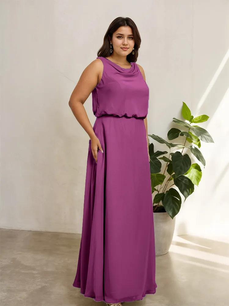 Sleeveless Cowl Neck Chiffon Plus Size Floor Length Bridesmaid Dresses