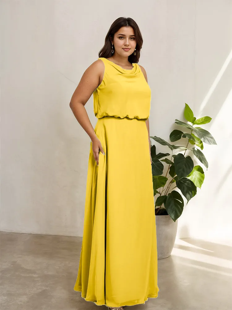 Sleeveless Cowl Neck Chiffon Plus Size Floor Length Bridesmaid Dresses