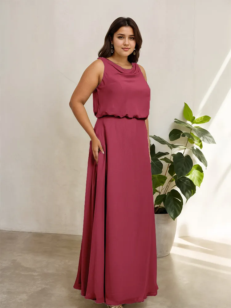 Sleeveless Cowl Neck Chiffon Plus Size Floor Length Bridesmaid Dresses