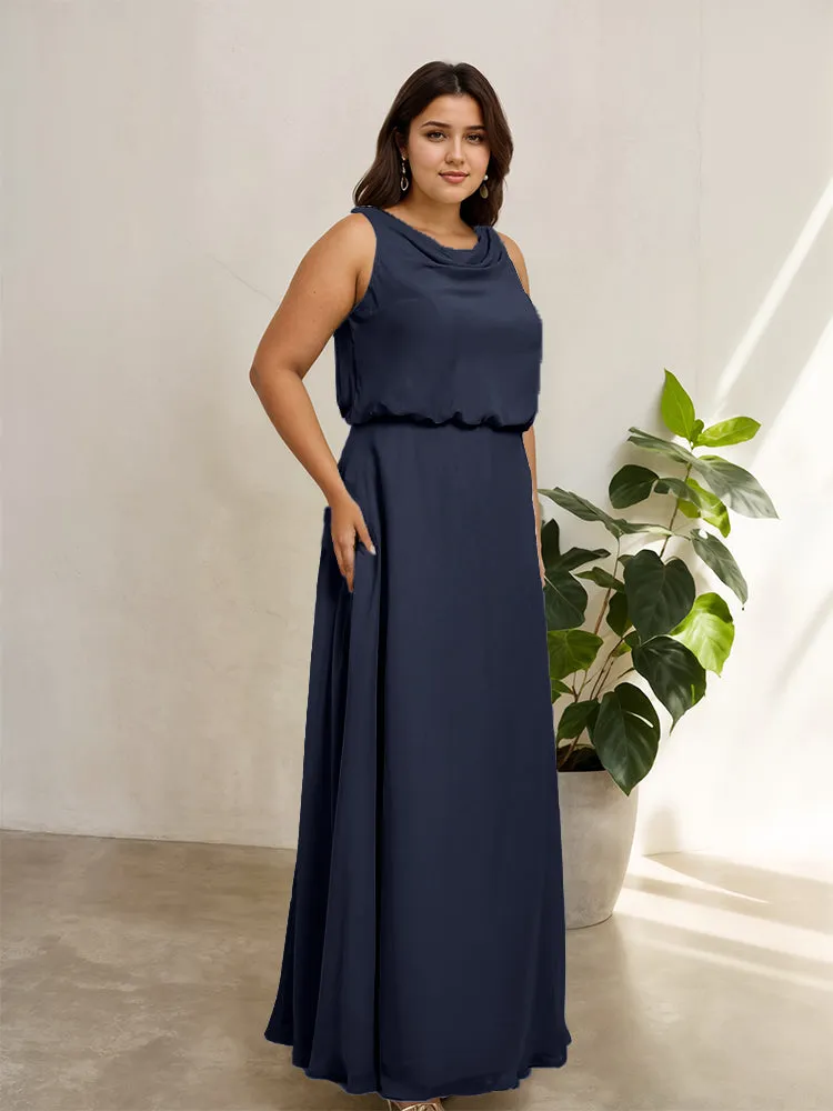 Sleeveless Cowl Neck Chiffon Plus Size Floor Length Bridesmaid Dresses