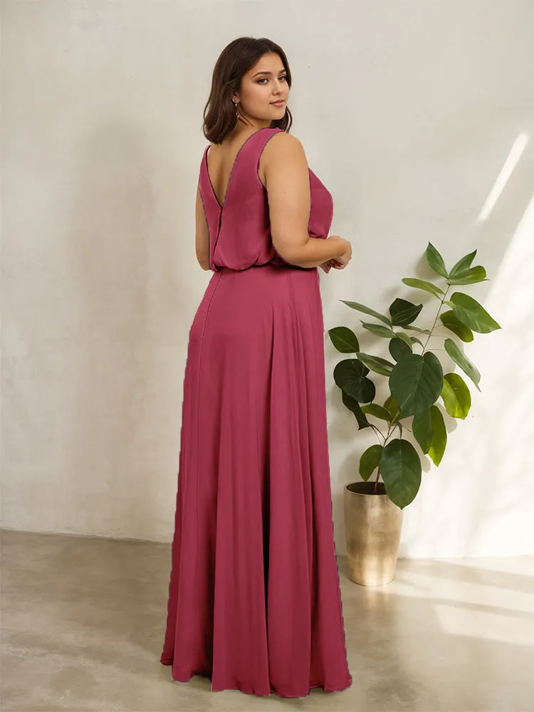 Sleeveless Cowl Neck Chiffon Plus Size Floor Length Bridesmaid Dresses
