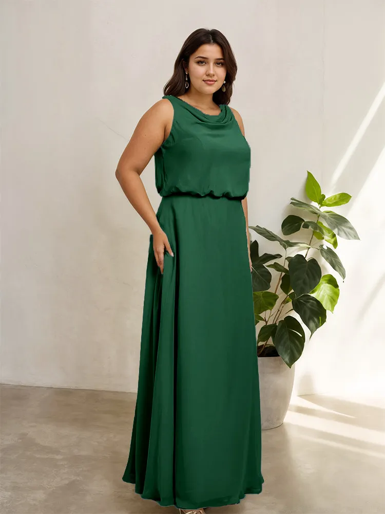 Sleeveless Cowl Neck Chiffon Plus Size Floor Length Bridesmaid Dresses