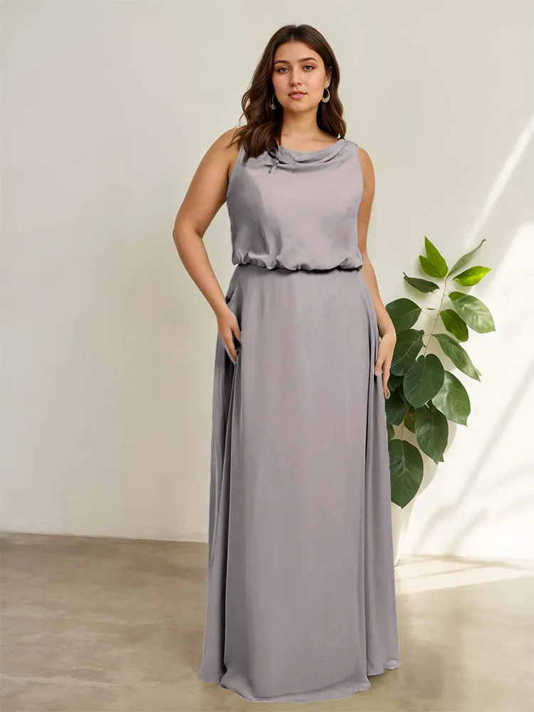 Sleeveless Cowl Neck Chiffon Plus Size Floor Length Bridesmaid Dresses