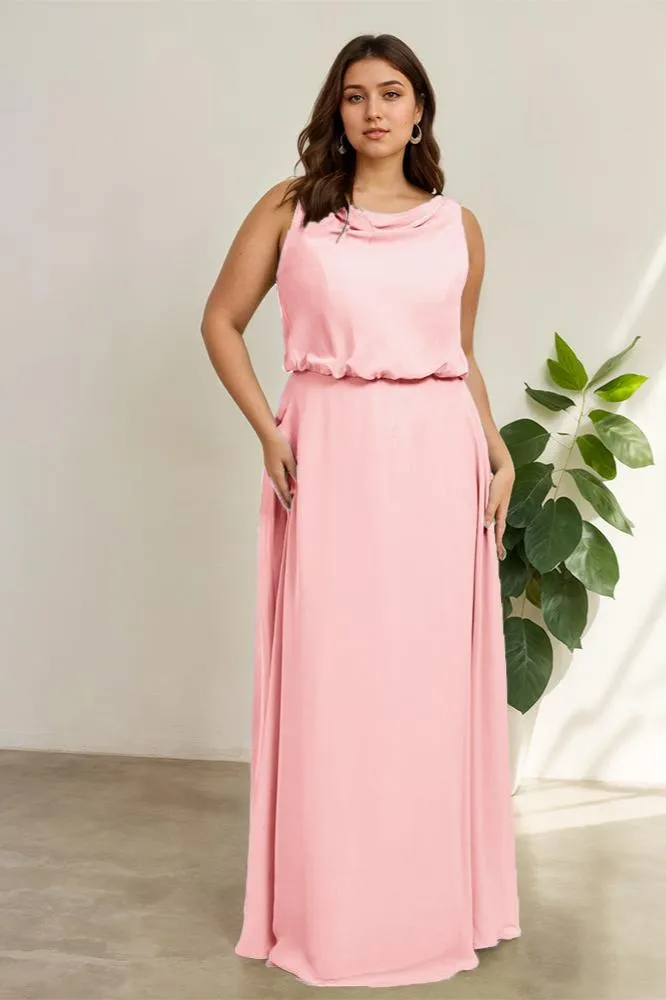 Sleeveless Cowl Neck Chiffon Plus Size Floor Length Bridesmaid Dresses