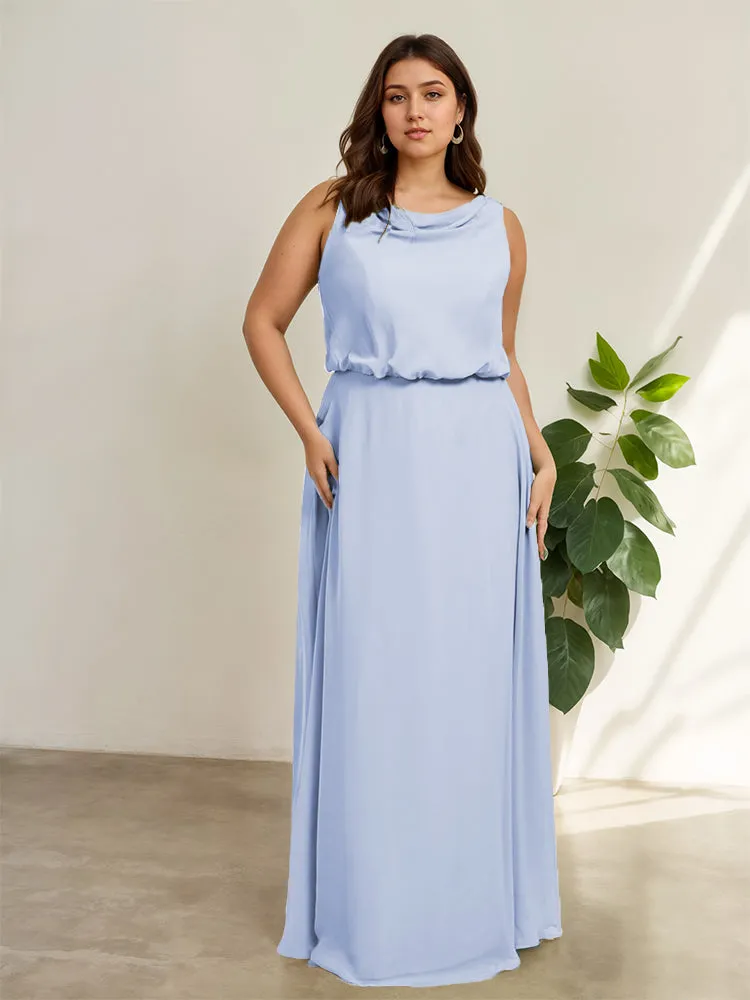 Sleeveless Cowl Neck Chiffon Plus Size Floor Length Bridesmaid Dresses
