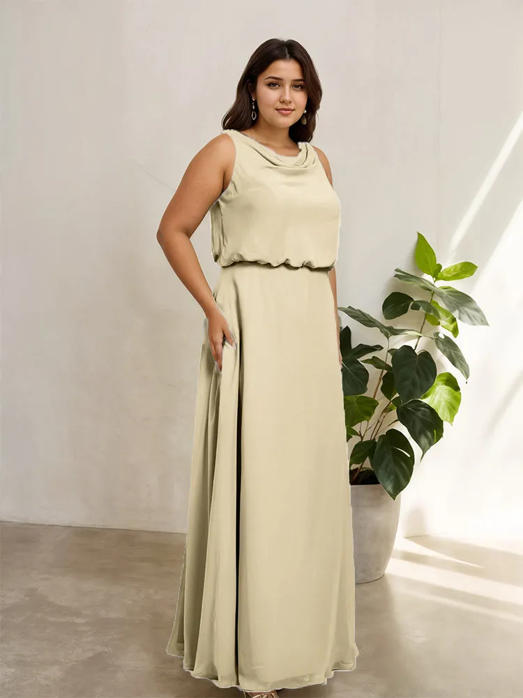 Sleeveless Cowl Neck Chiffon Plus Size Floor Length Bridesmaid Dresses