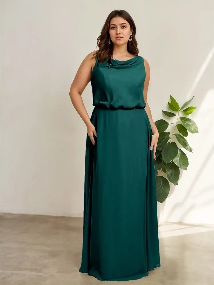 Sleeveless Cowl Neck Chiffon Plus Size Floor Length Bridesmaid Dresses