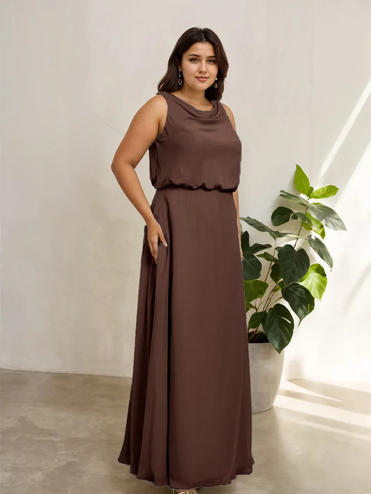 Sleeveless Cowl Neck Chiffon Plus Size Floor Length Bridesmaid Dresses