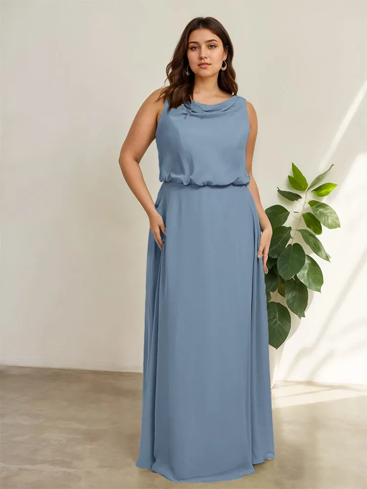 Sleeveless Cowl Neck Chiffon Plus Size Floor Length Bridesmaid Dresses