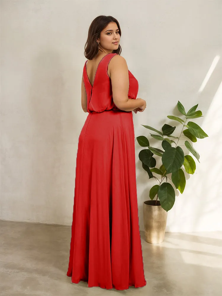 Sleeveless Cowl Neck Chiffon Plus Size Floor Length Bridesmaid Dresses