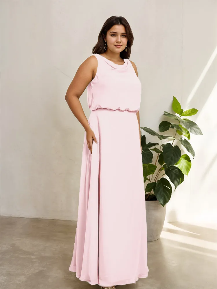 Sleeveless Cowl Neck Chiffon Plus Size Floor Length Bridesmaid Dresses