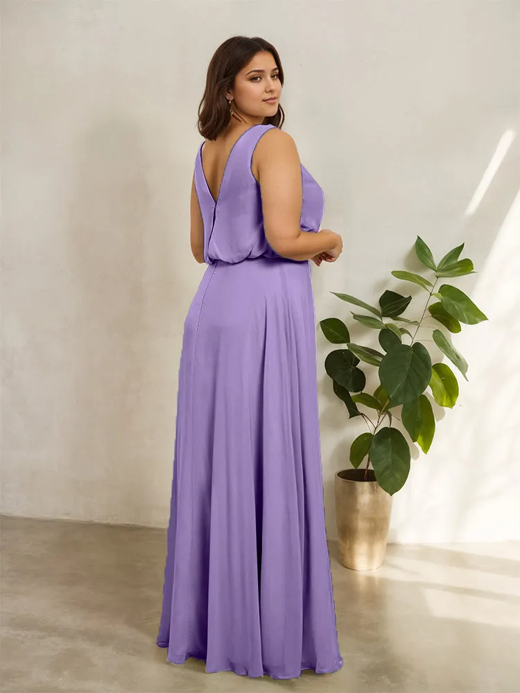 Sleeveless Cowl Neck Chiffon Plus Size Floor Length Bridesmaid Dresses