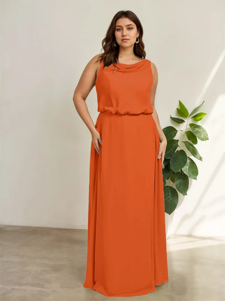 Sleeveless Cowl Neck Chiffon Plus Size Floor Length Bridesmaid Dresses