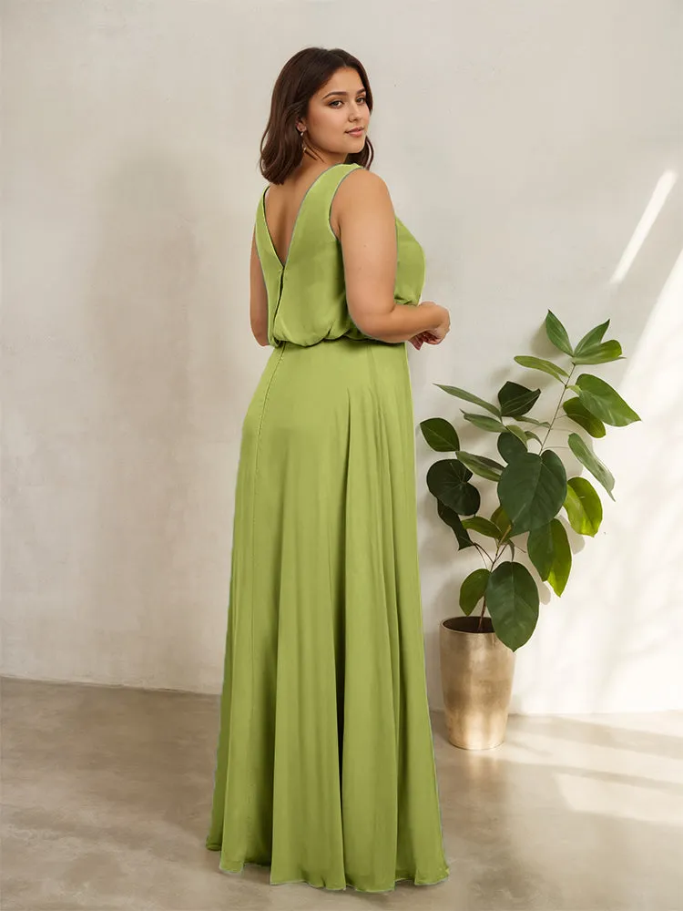 Sleeveless Cowl Neck Chiffon Plus Size Floor Length Bridesmaid Dresses