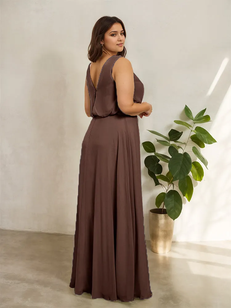 Sleeveless Cowl Neck Chiffon Plus Size Floor Length Bridesmaid Dresses